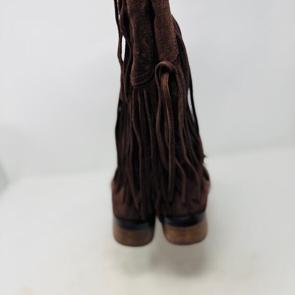 Lucky Brand Suede Fringe Western Boots Brown Mid-Calf Pull On Size 8 - Picture 4 of 11